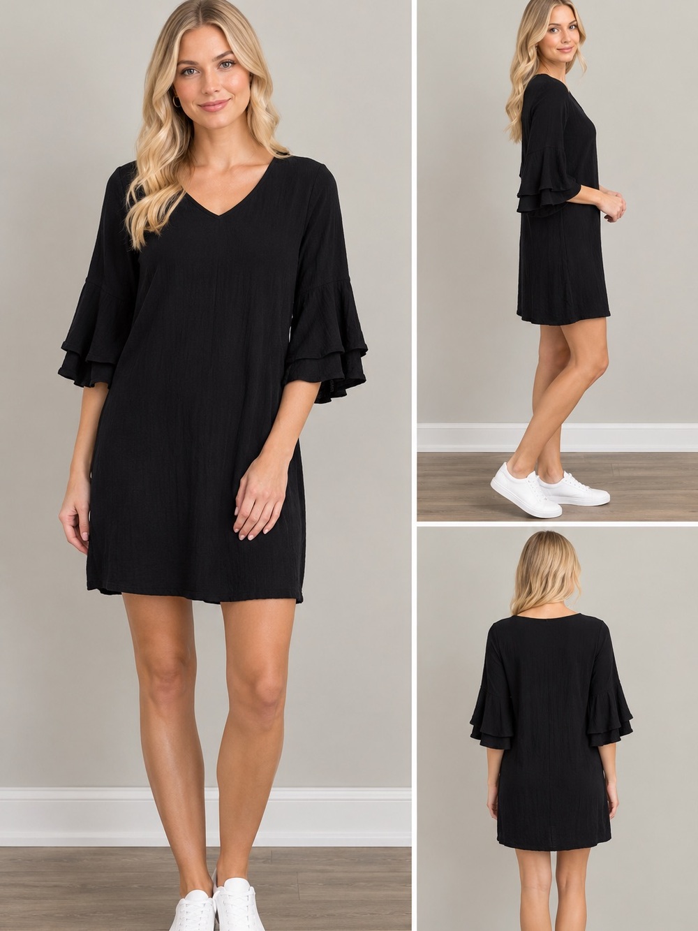 Allison Brittney Boho Black Multi-Tiered Bell Sleeve Dress – Women’s Small